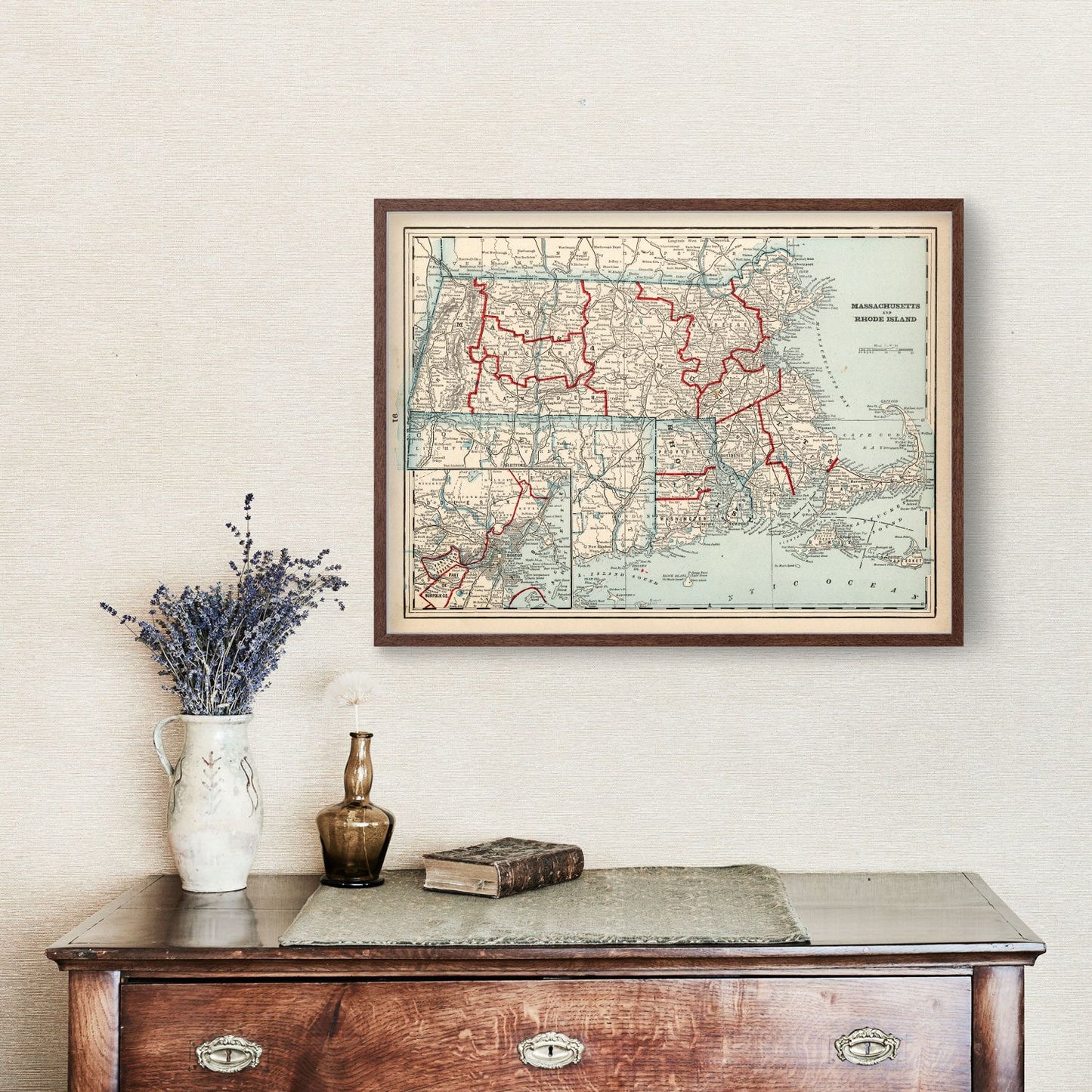 Vintage Map of Massachusetts and Rhode Island, 1893