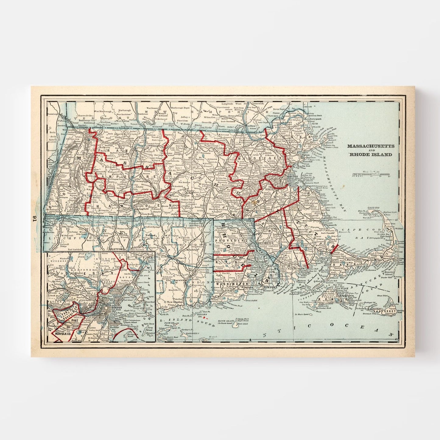 Vintage Map of Massachusetts and Rhode Island, 1893