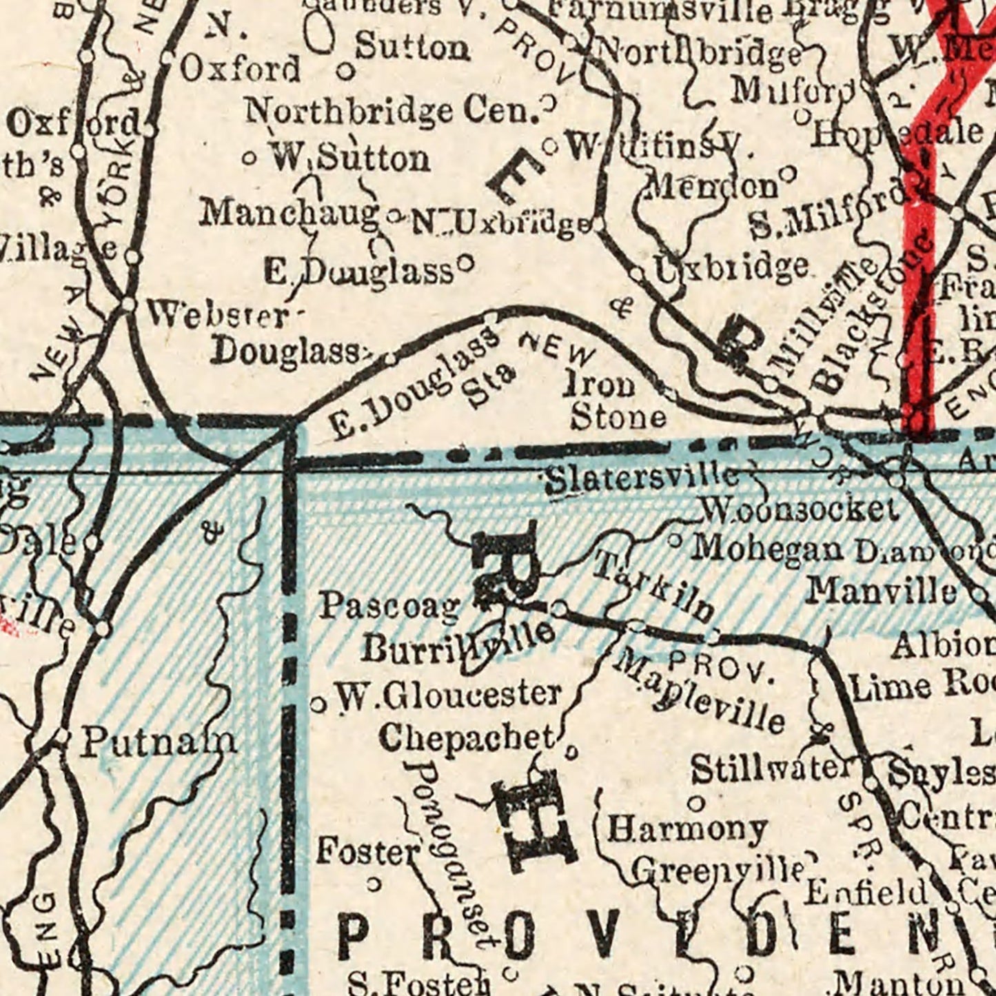 Vintage Map of Massachusetts and Rhode Island, 1893