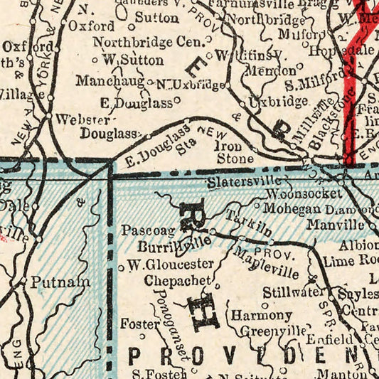 Vintage Map of Massachusetts and Rhode Island, 1893
