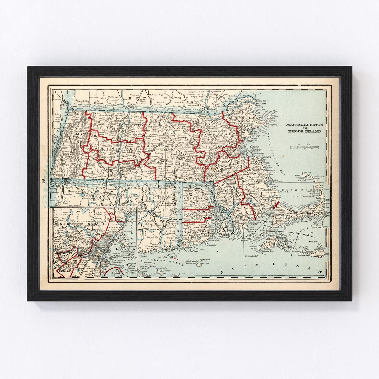 Vintage map of Massachusetts and Rhode Island, 1893