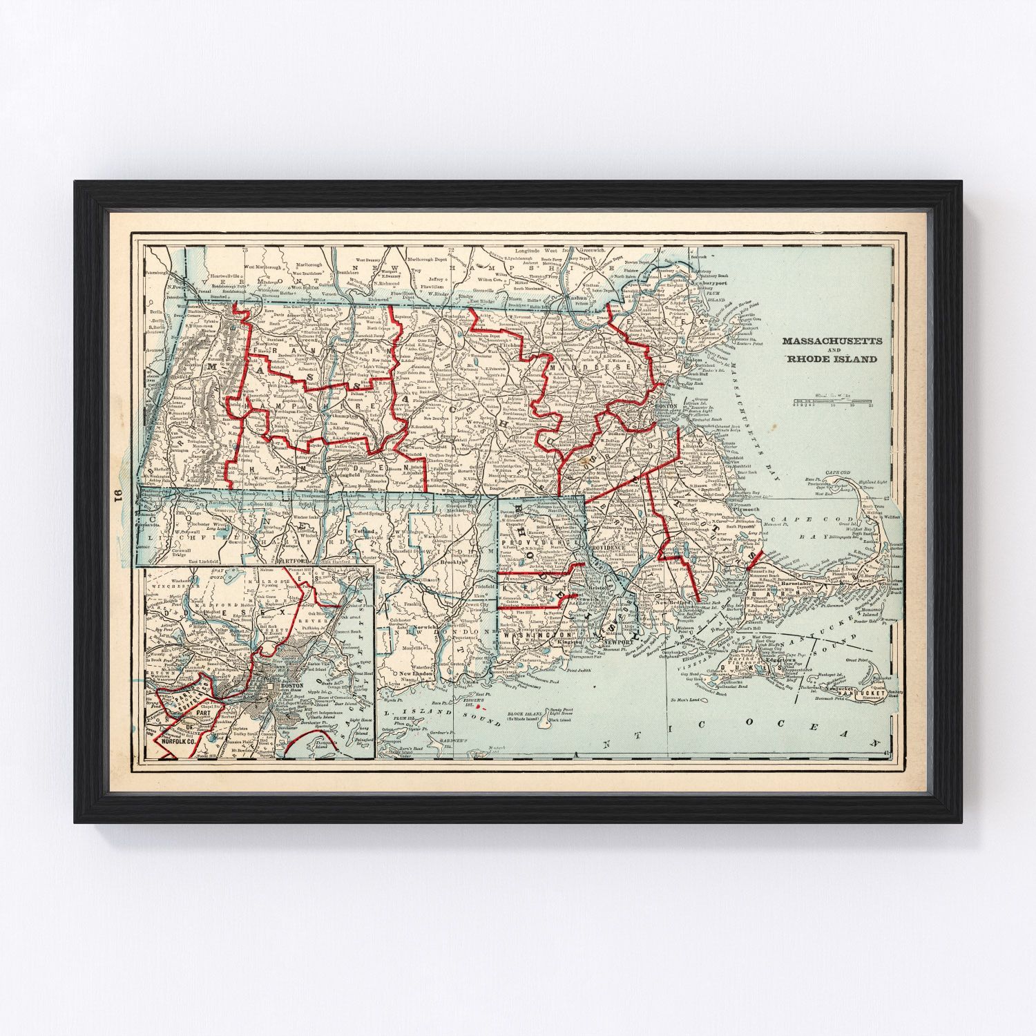 Vintage map of Massachusetts and Rhode Island, 1893