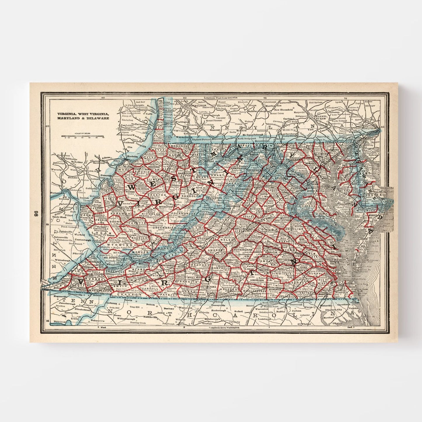 Vintage Map of Virginia, West Virginia, Maryland and Delaware, 1893