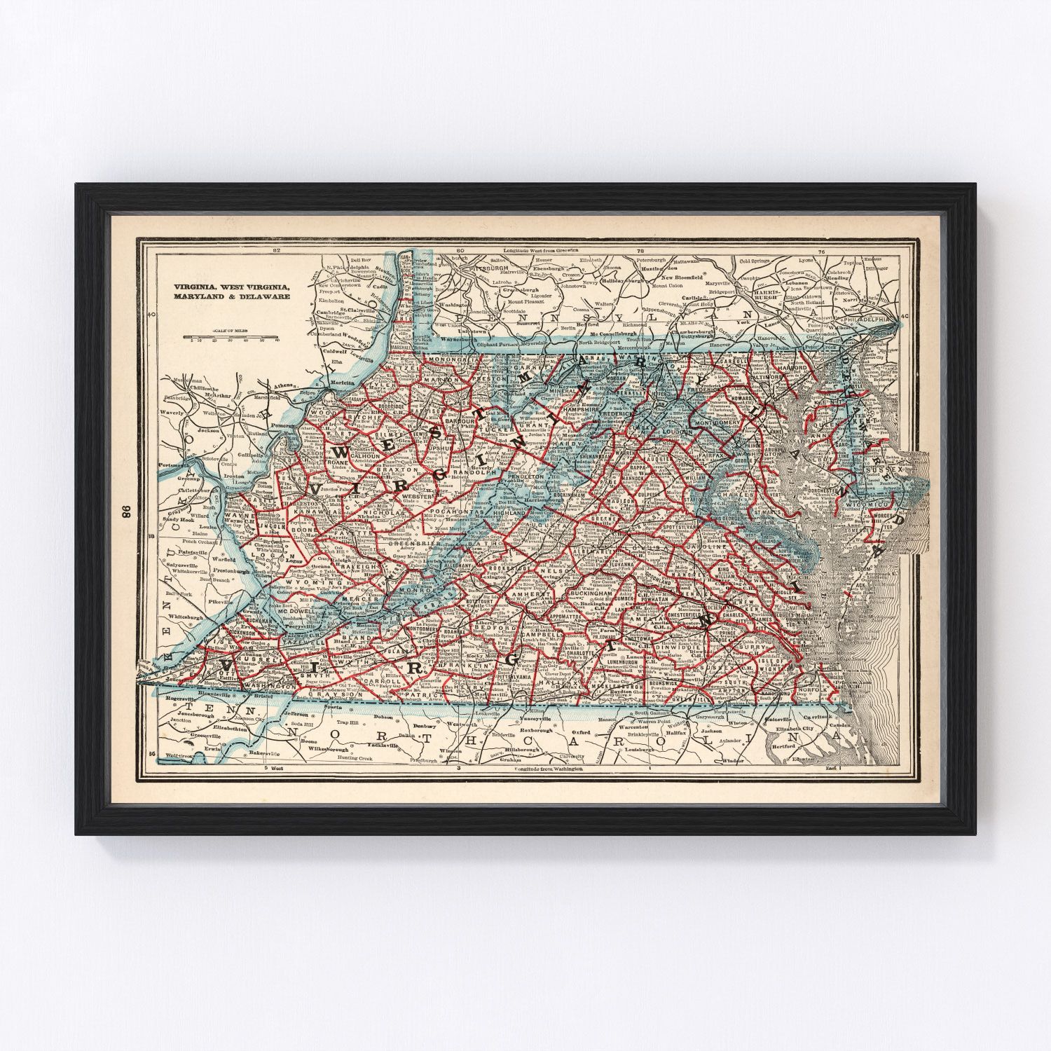 Vintage map of Virginia, West Virginia, Maryland and Delaware, 1893
