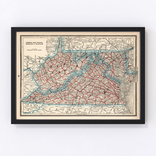 Vintage map of Virginia, West Virginia, Maryland and Delaware, 1893