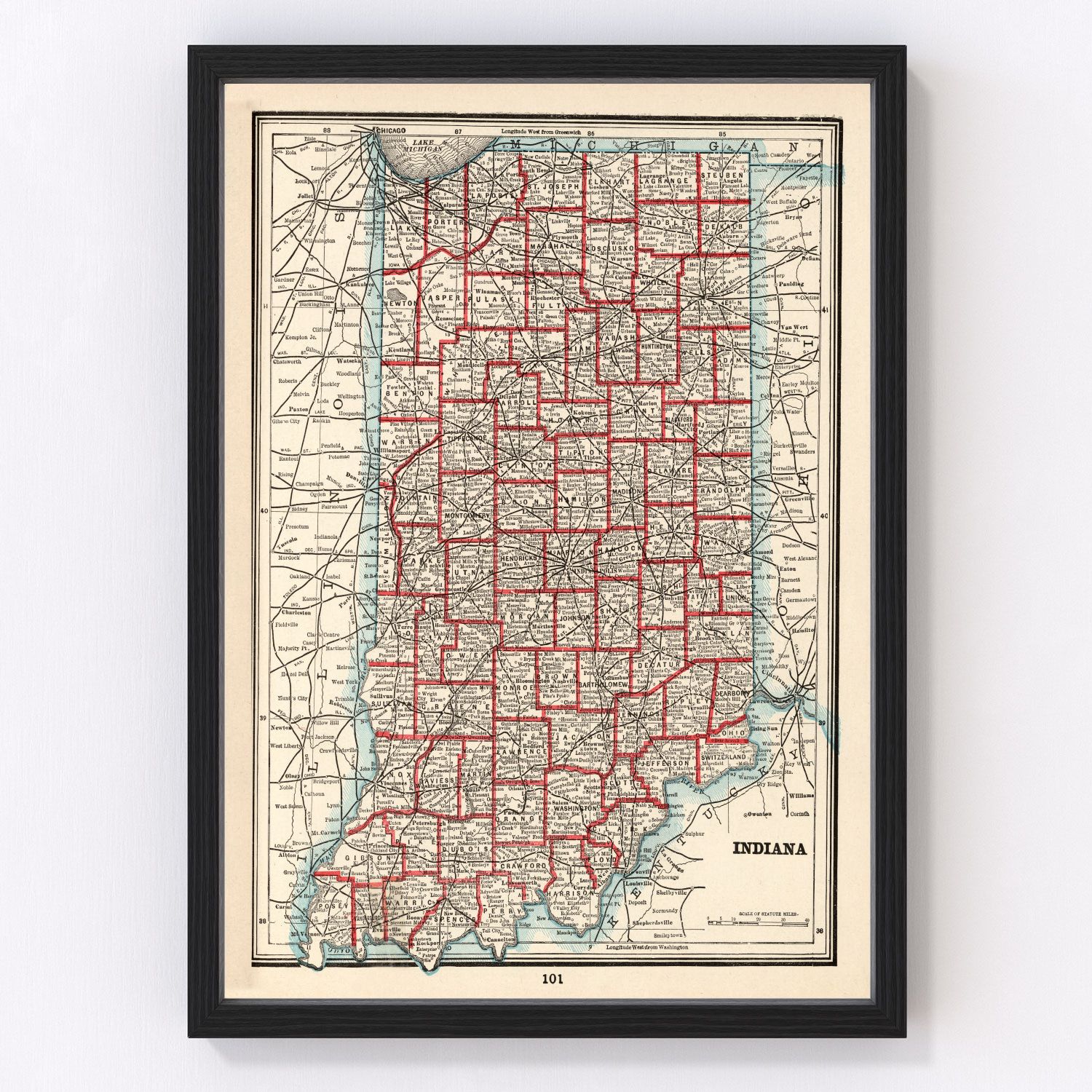 Vintage map of Indiana, 1893