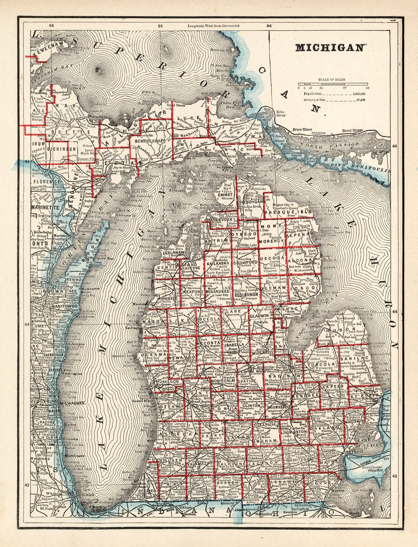 Vintage Map of Michigan, 1893