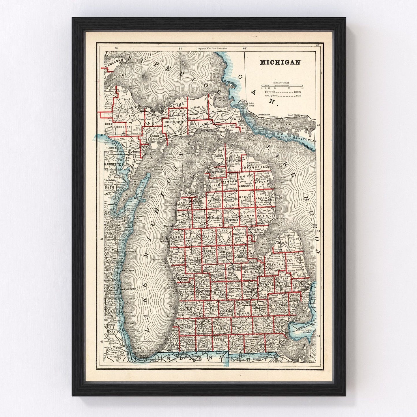 vintage map of Michigan, 1893