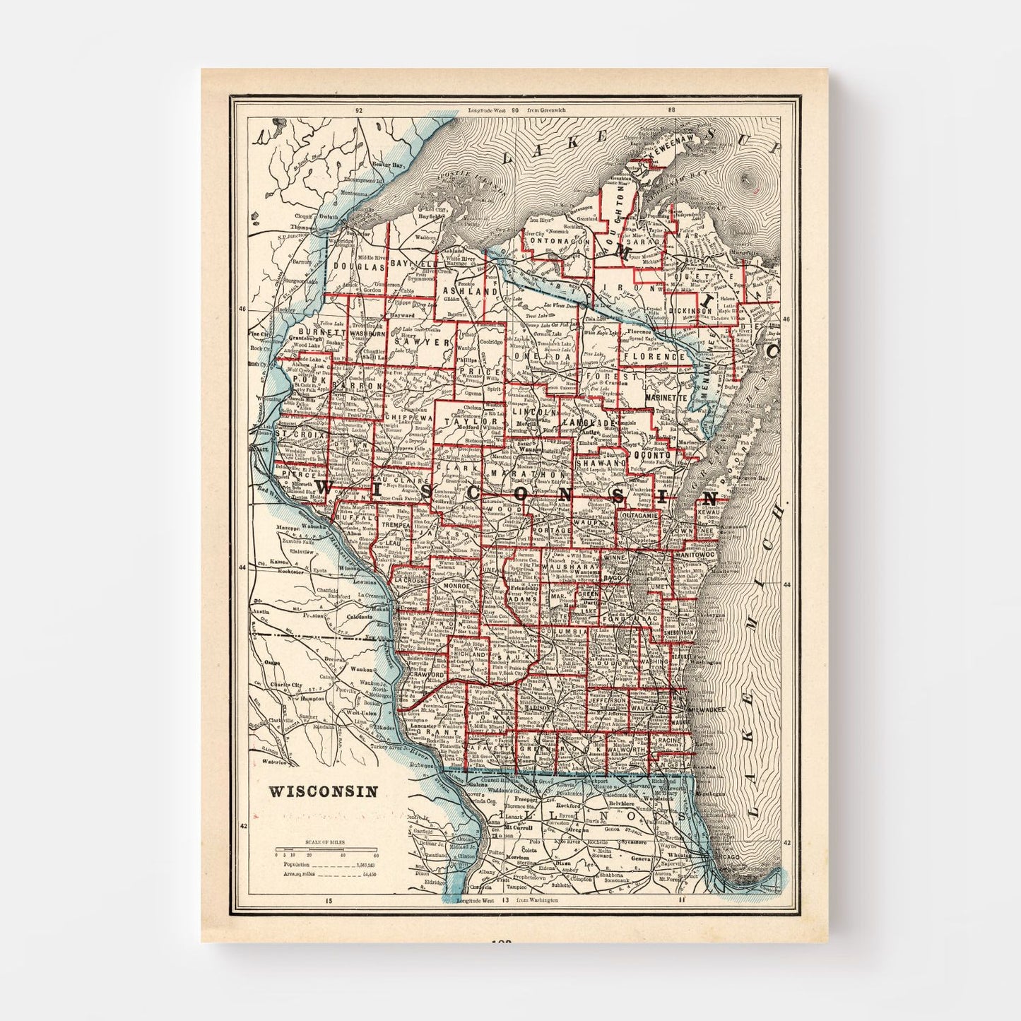 Vintage Map of Wisconsin, 1893