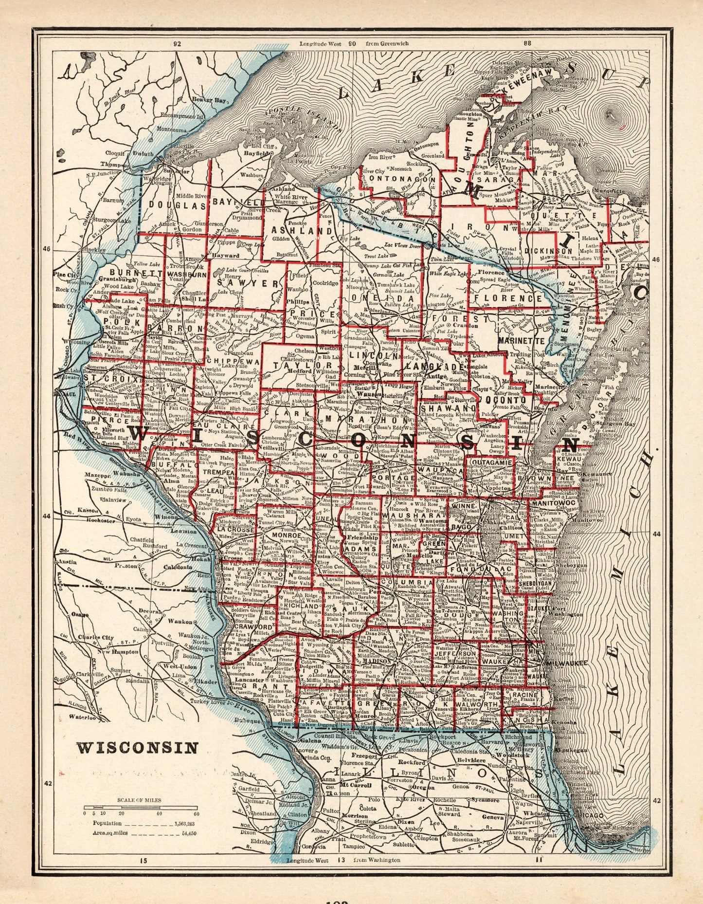Vintage Map of Wisconsin, 1893
