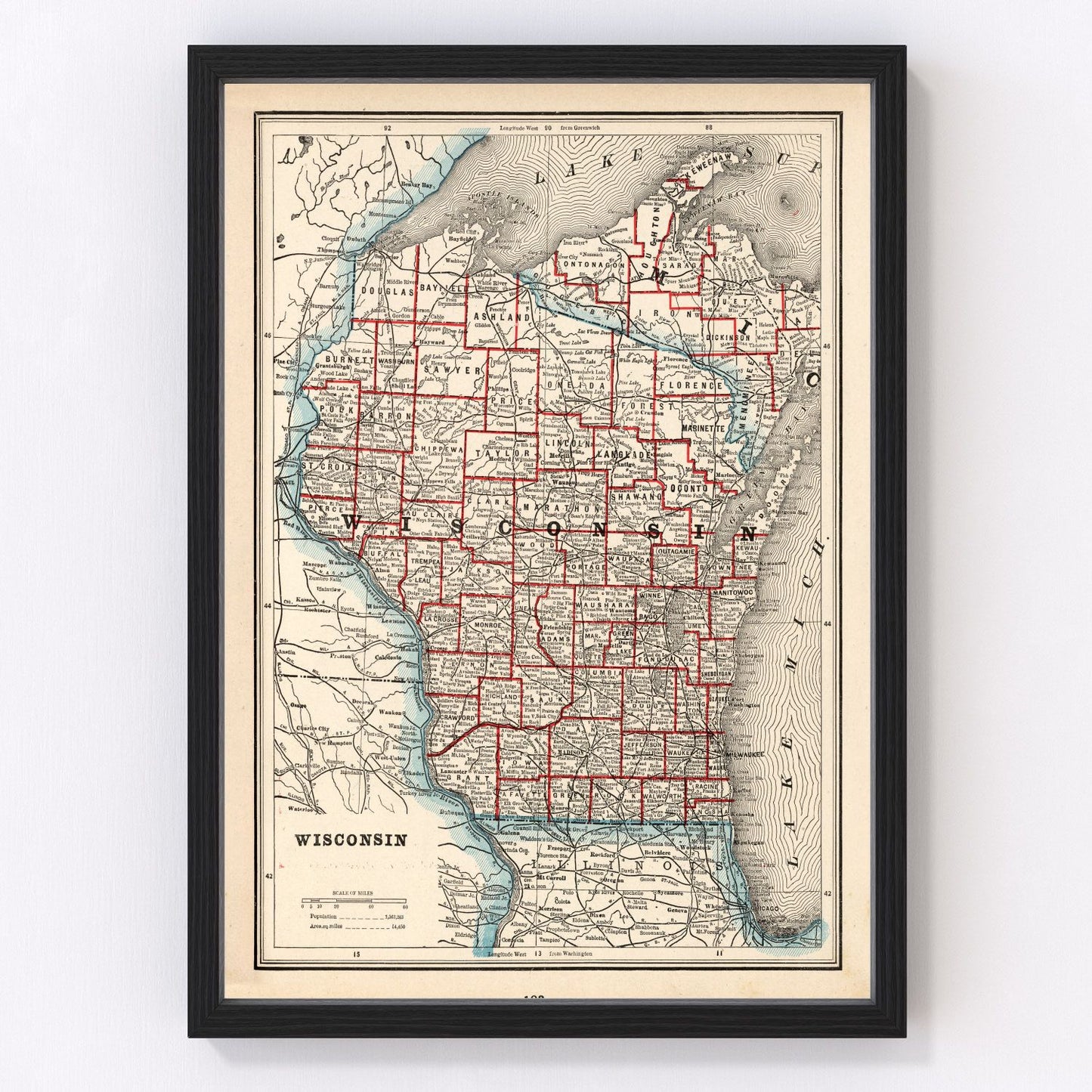 Vintage map of Wisconsin state, 1893, Gilded Age digitally restored