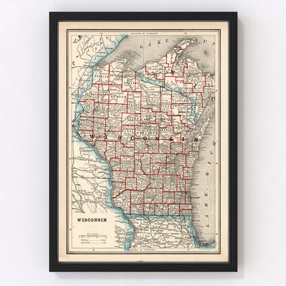 Vintage map of Wisconsin state, 1893, Gilded Age digitally restored