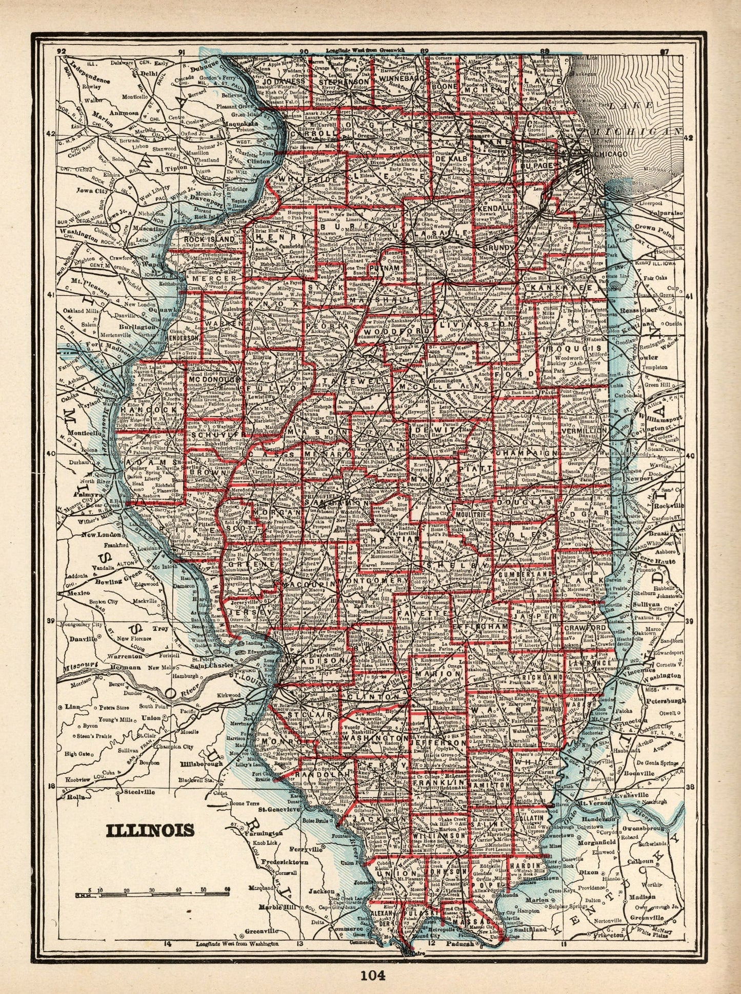 Vintage Map of Illinois, 1893
