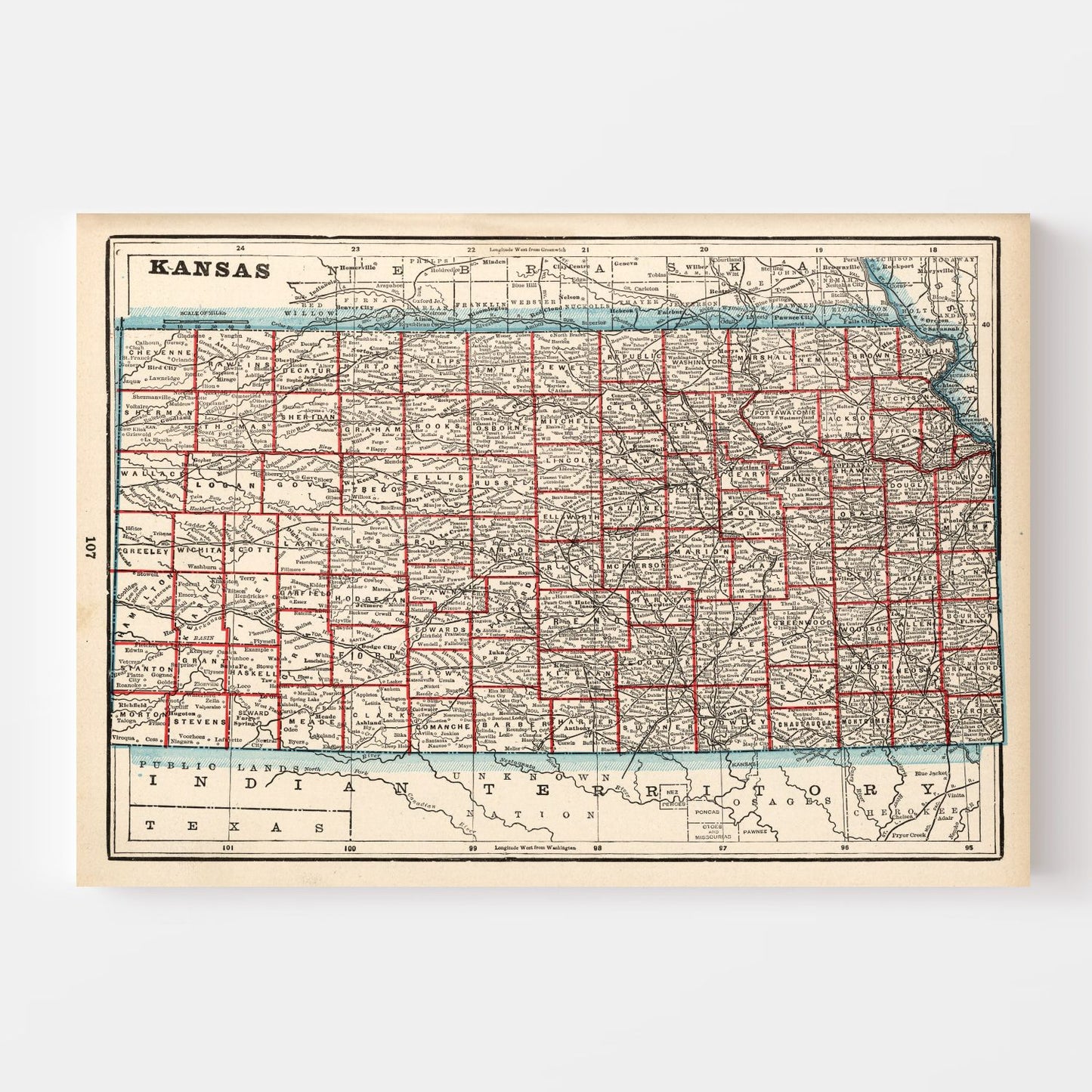 Vintage Map of Kansas, 1893