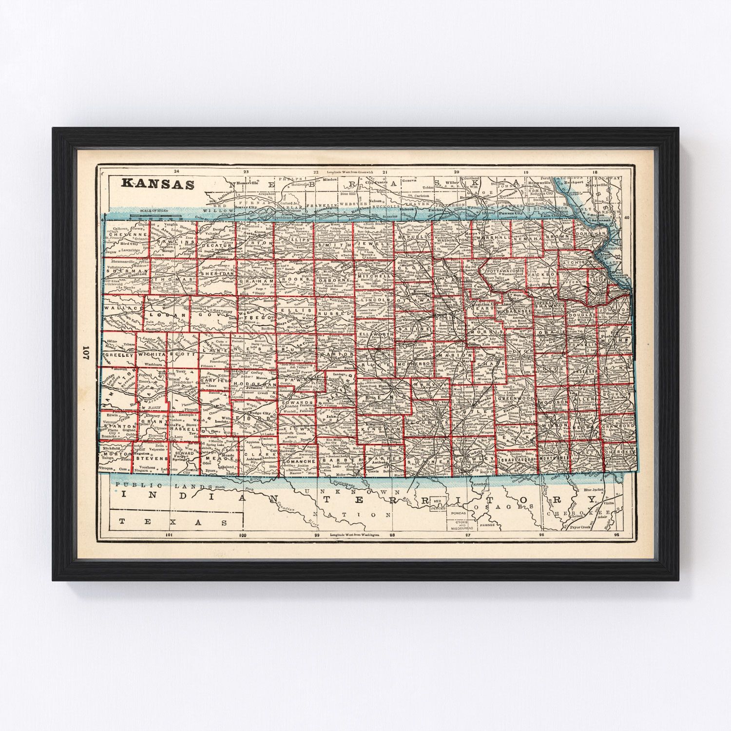 Vintage map of Kansas, 1893