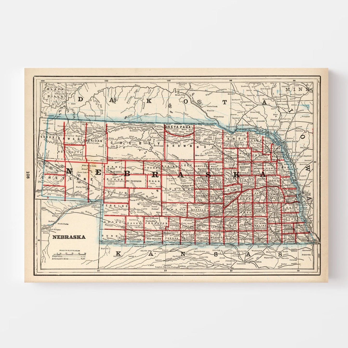 Vintage Map of Nebraska, 1893