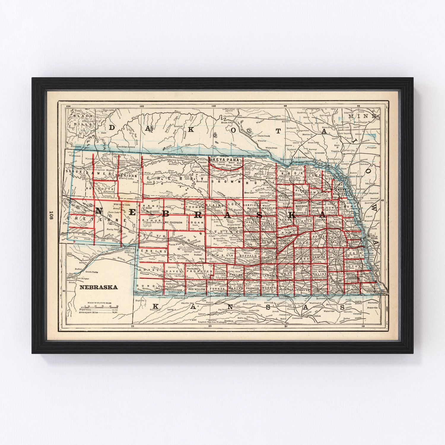 Vintage map of Nebraska, 1893