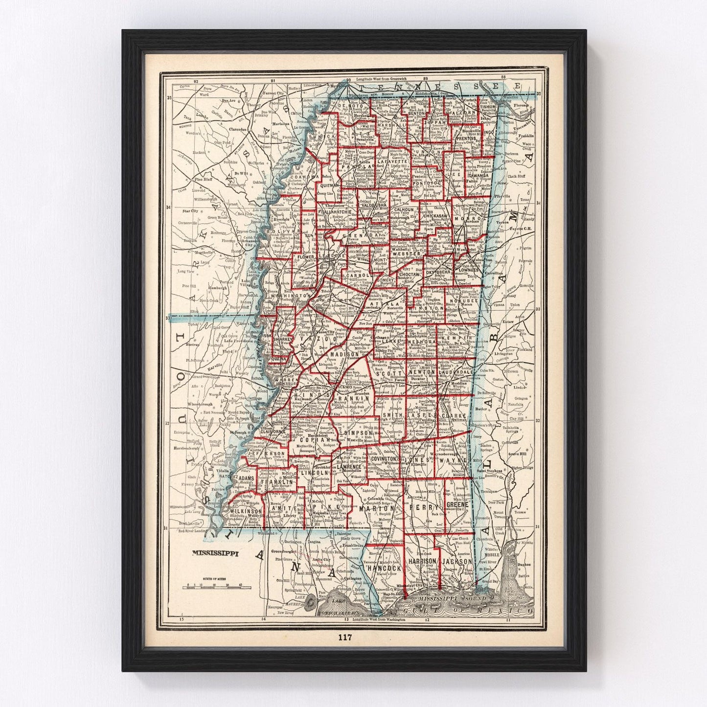 Vintage map of Mississippi, 1893