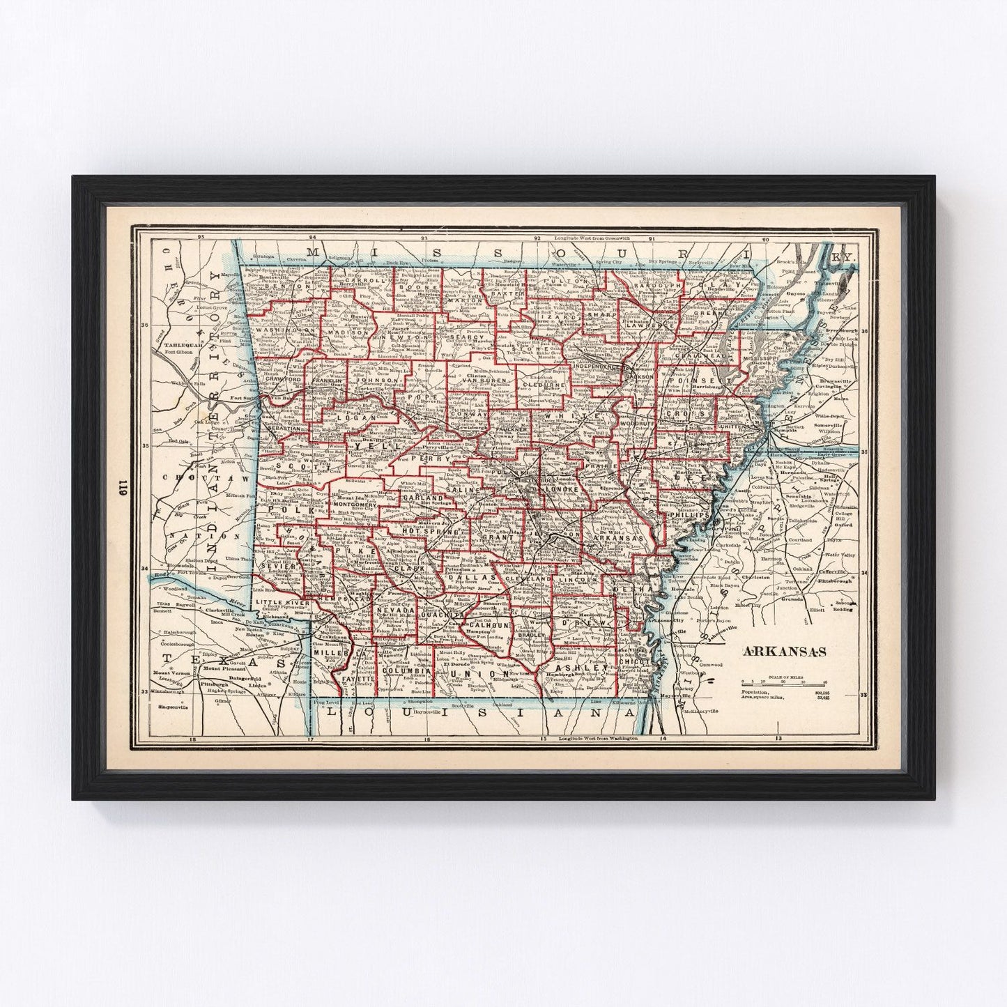 vintage map of Arkansas, 1893, Gilded Age rail expansion