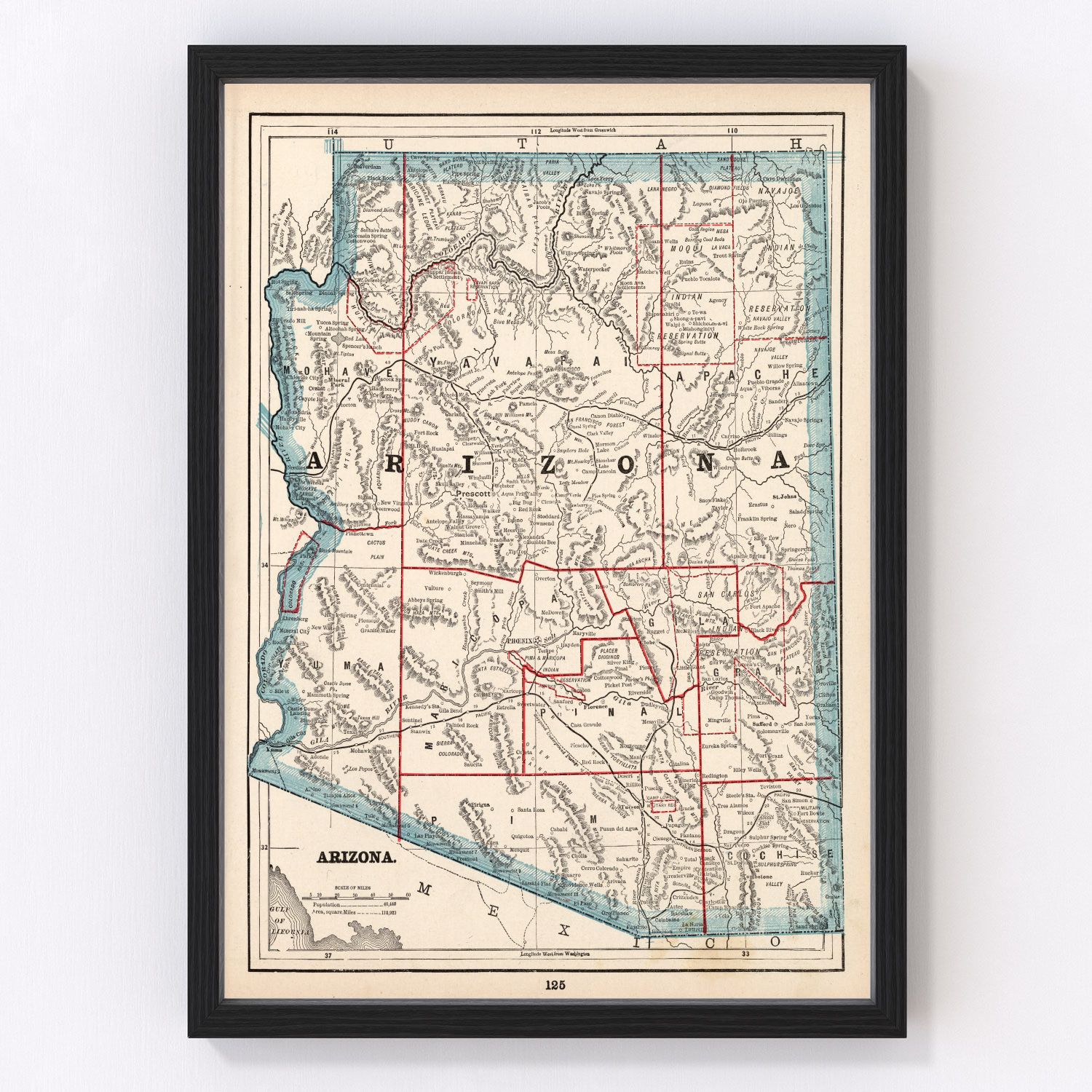 vintage map of Arizona Territory, 1893