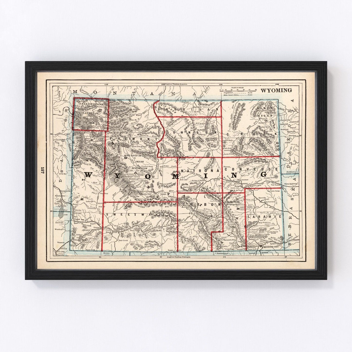 Vintage map of Wyoming state, 1893, digitally restored