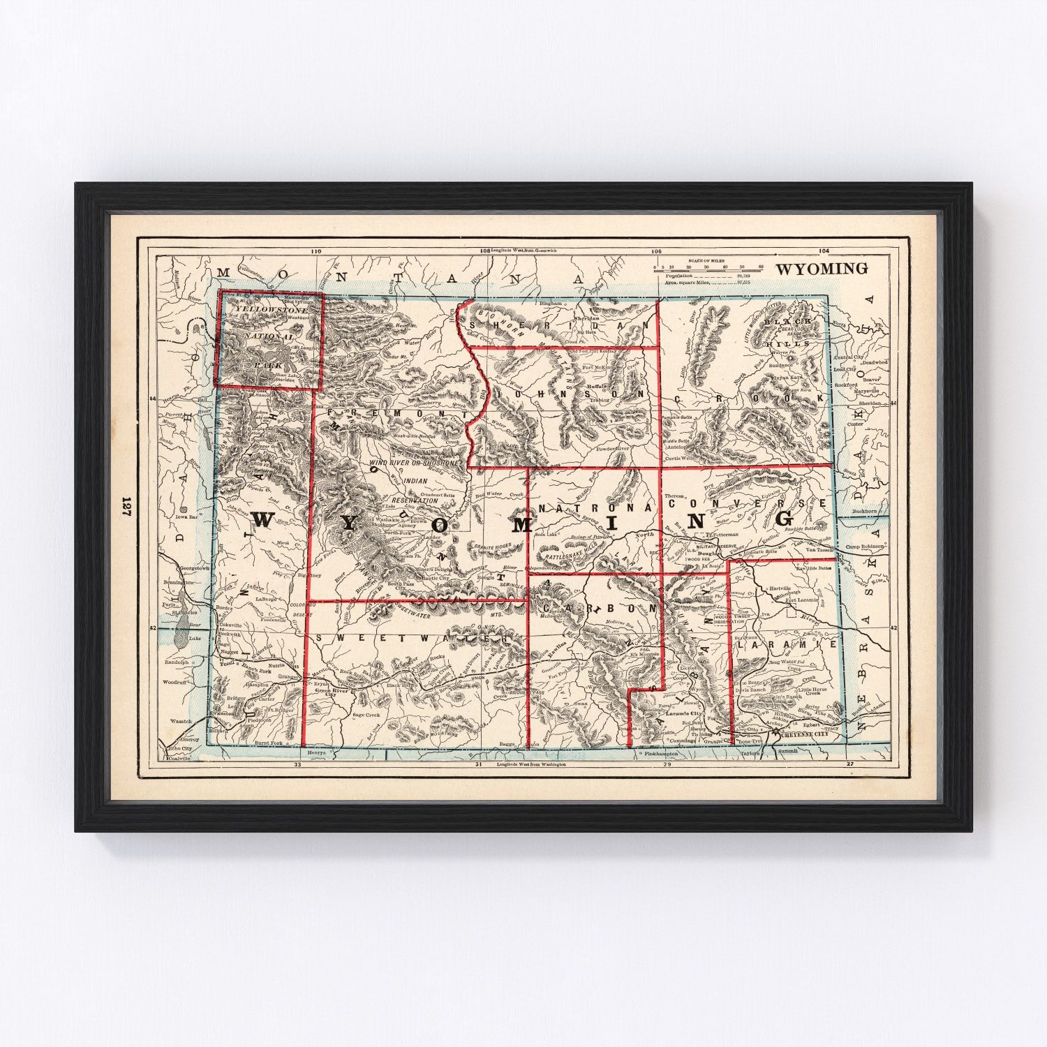 Vintage map of Wyoming state, 1893, digitally restored