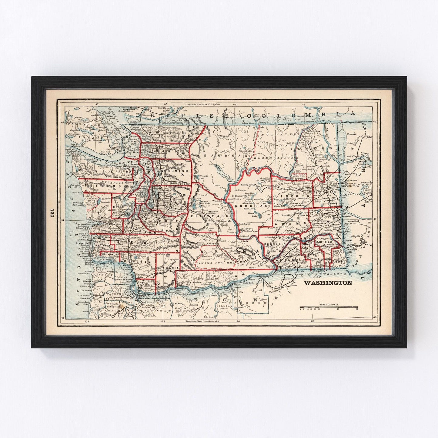 Vintage map of Washington State, 1893, showing Pacific Northwest four years after statehood