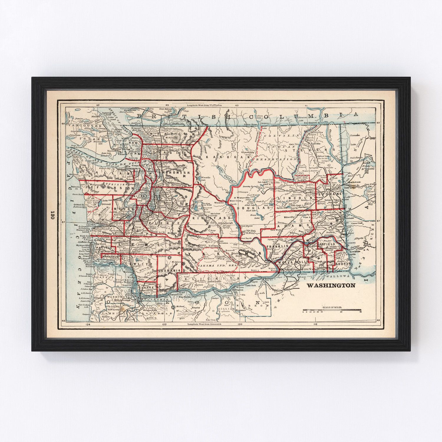 Vintage map of Washington State, 1893, showing Pacific Northwest four years after statehood