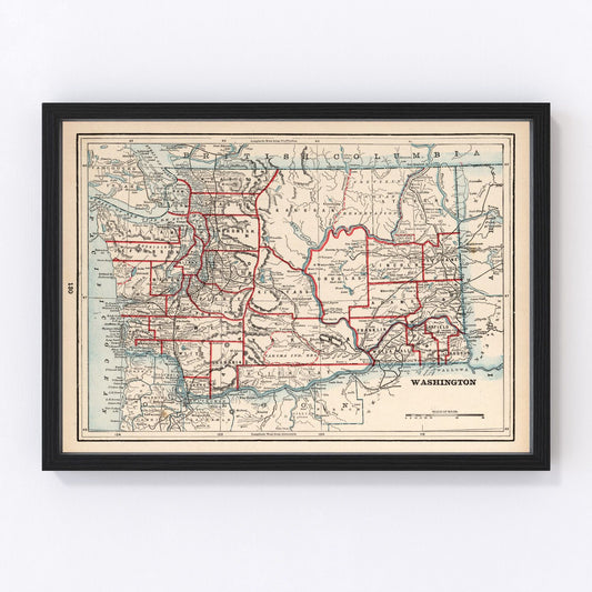 Vintage map of Washington State, 1893, showing Pacific Northwest four years after statehood