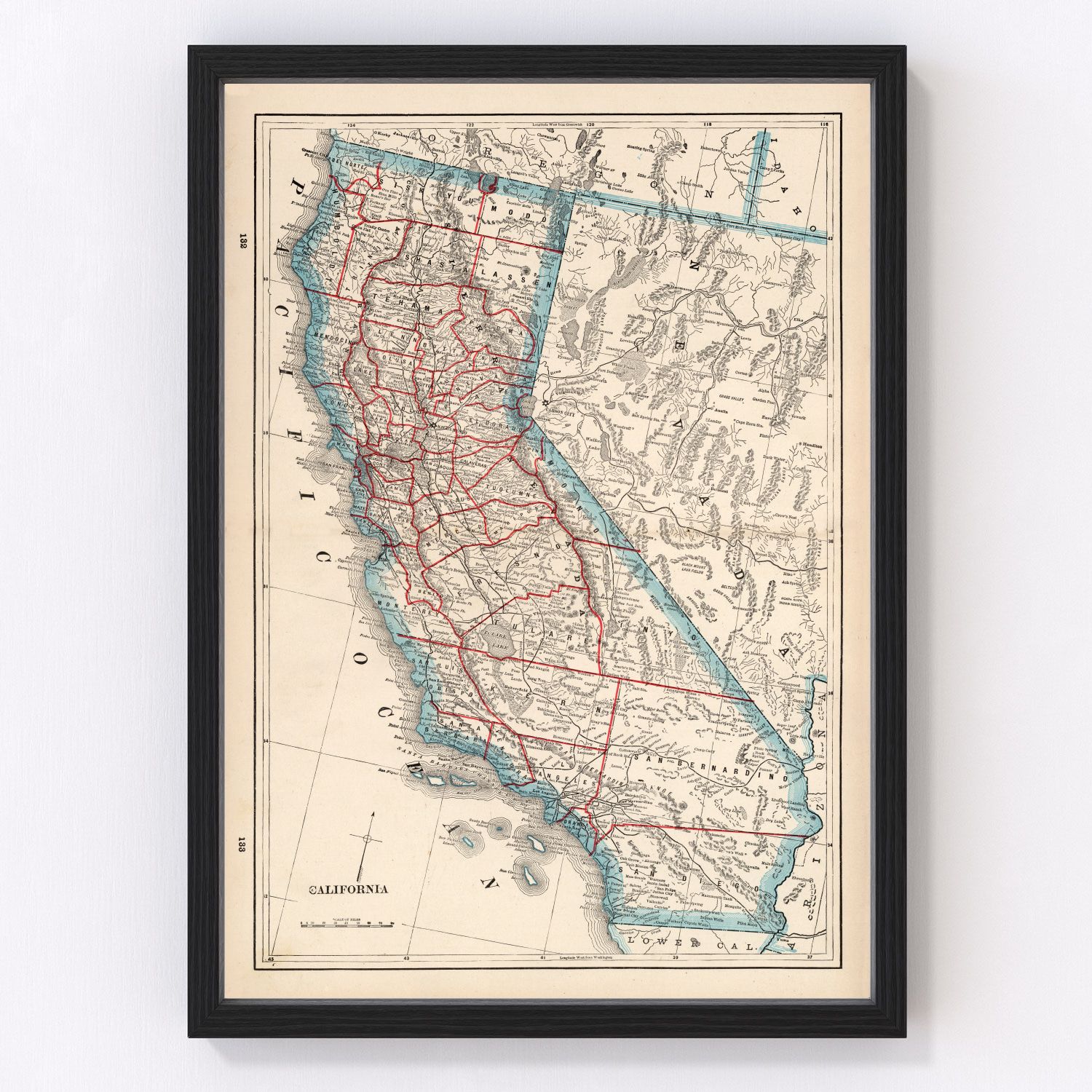 Vintage map of California, 1893, Golden State restored print