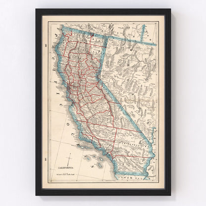 Vintage map of California, 1893, Golden State restored print