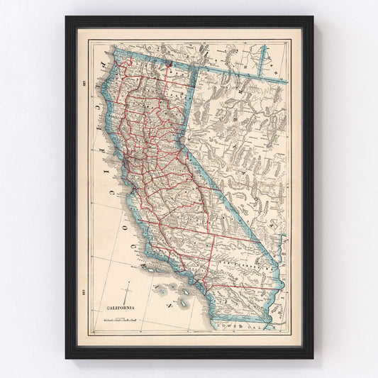 Vintage map of California, 1893, Golden State restored print