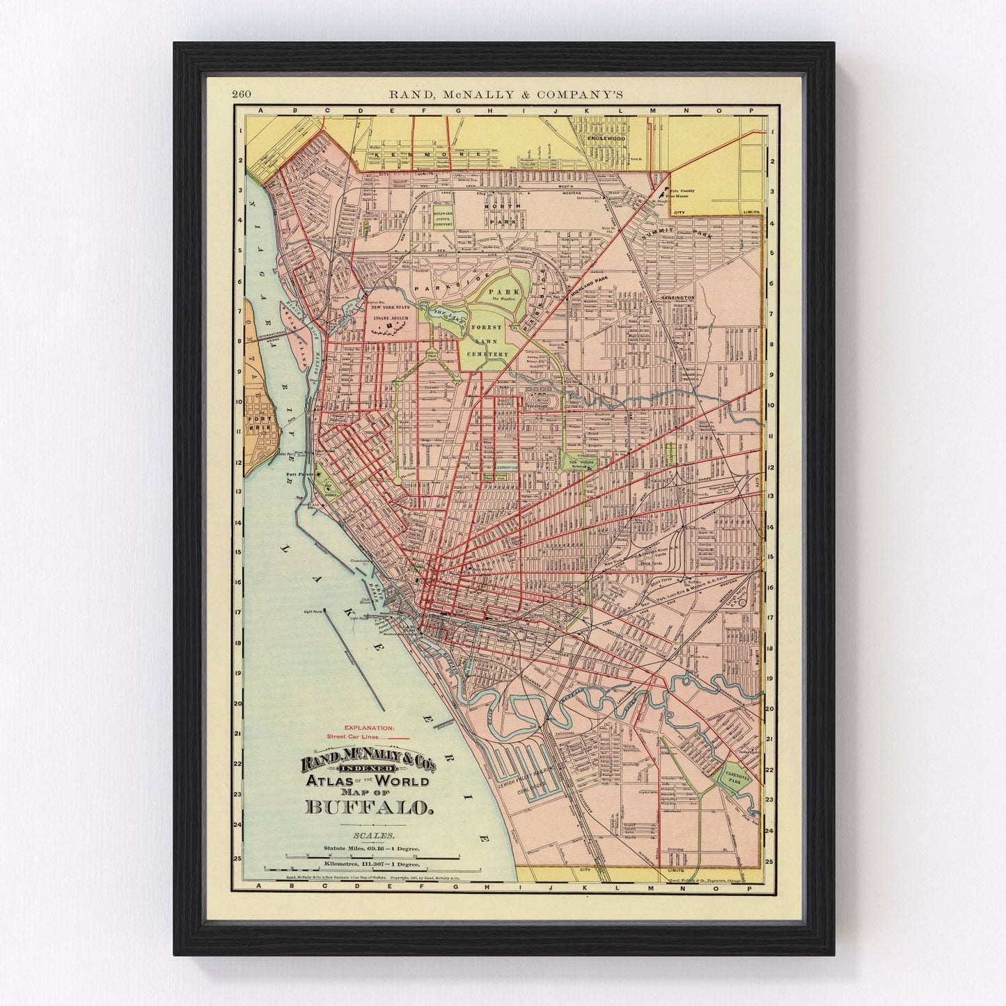 Vintage map of Buffalo, New York, 1897, Erie County restored print