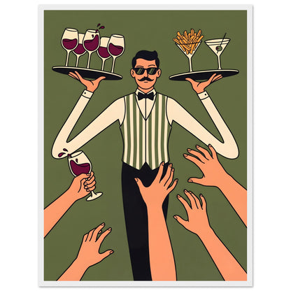 Retro Waiter Bar Art, Framed Server Wall Decor - 45x60 cm / 18x24″ - White frame / Ready-to-hang - Sparkycare