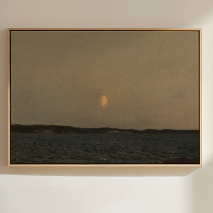 Moonrise over quiet waters minimalist seascape wall art in calm twilight tones