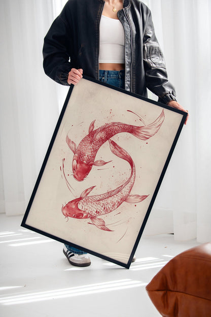 Koi Fish Wall Art Minimalist Japanese Ink Print