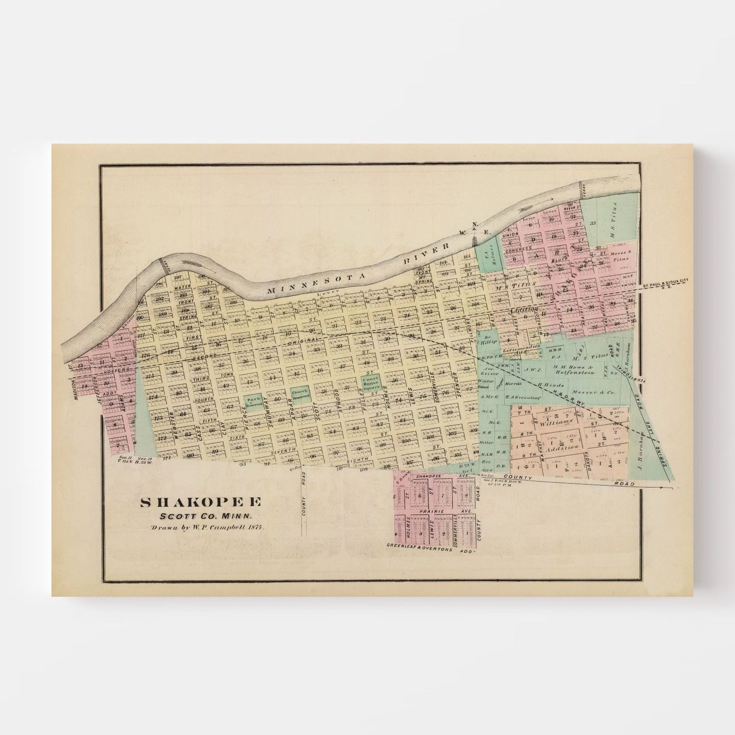 Vintage Map of Shakopee, Minnesota, 1874