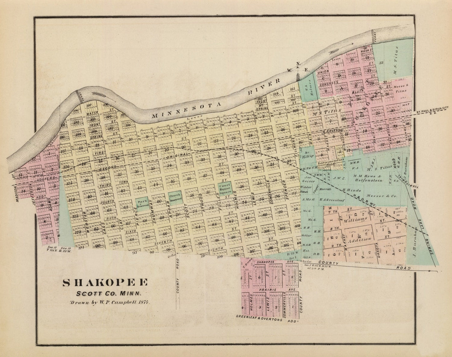 Vintage Map of Shakopee, Minnesota, 1874
