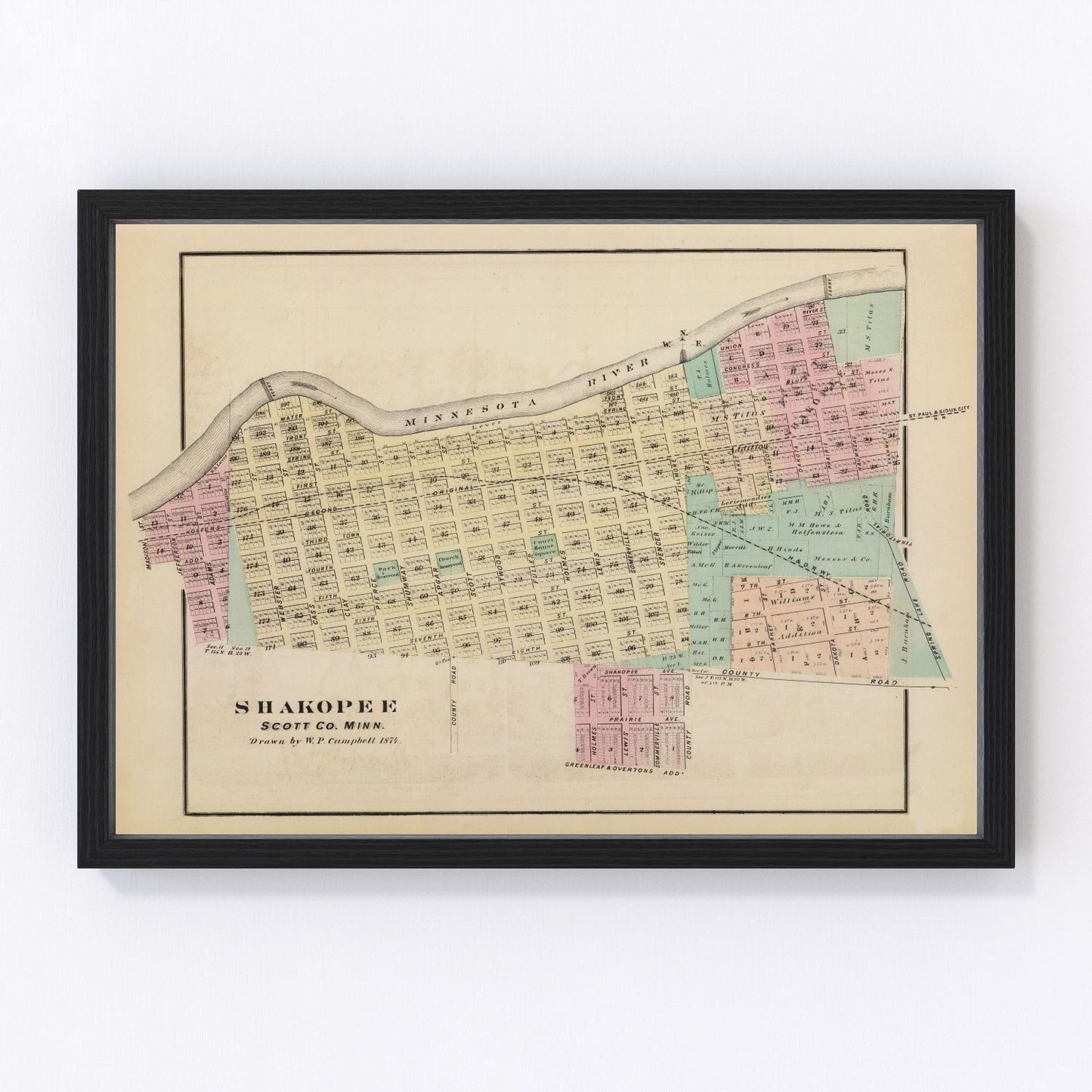 vintage map of Shakopee, Minnesota, 1874