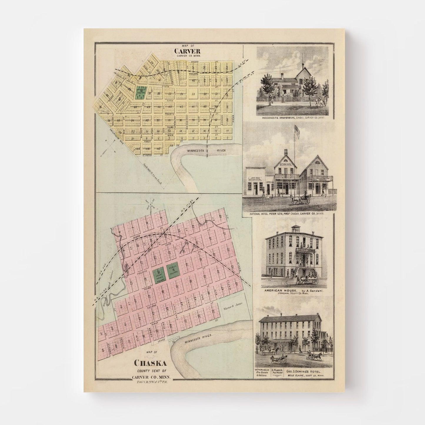 Vintage Map of Carver, Minnesota, 1874