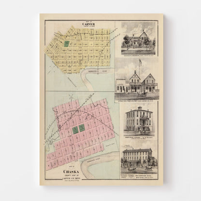 Vintage Map of Carver, Minnesota, 1874