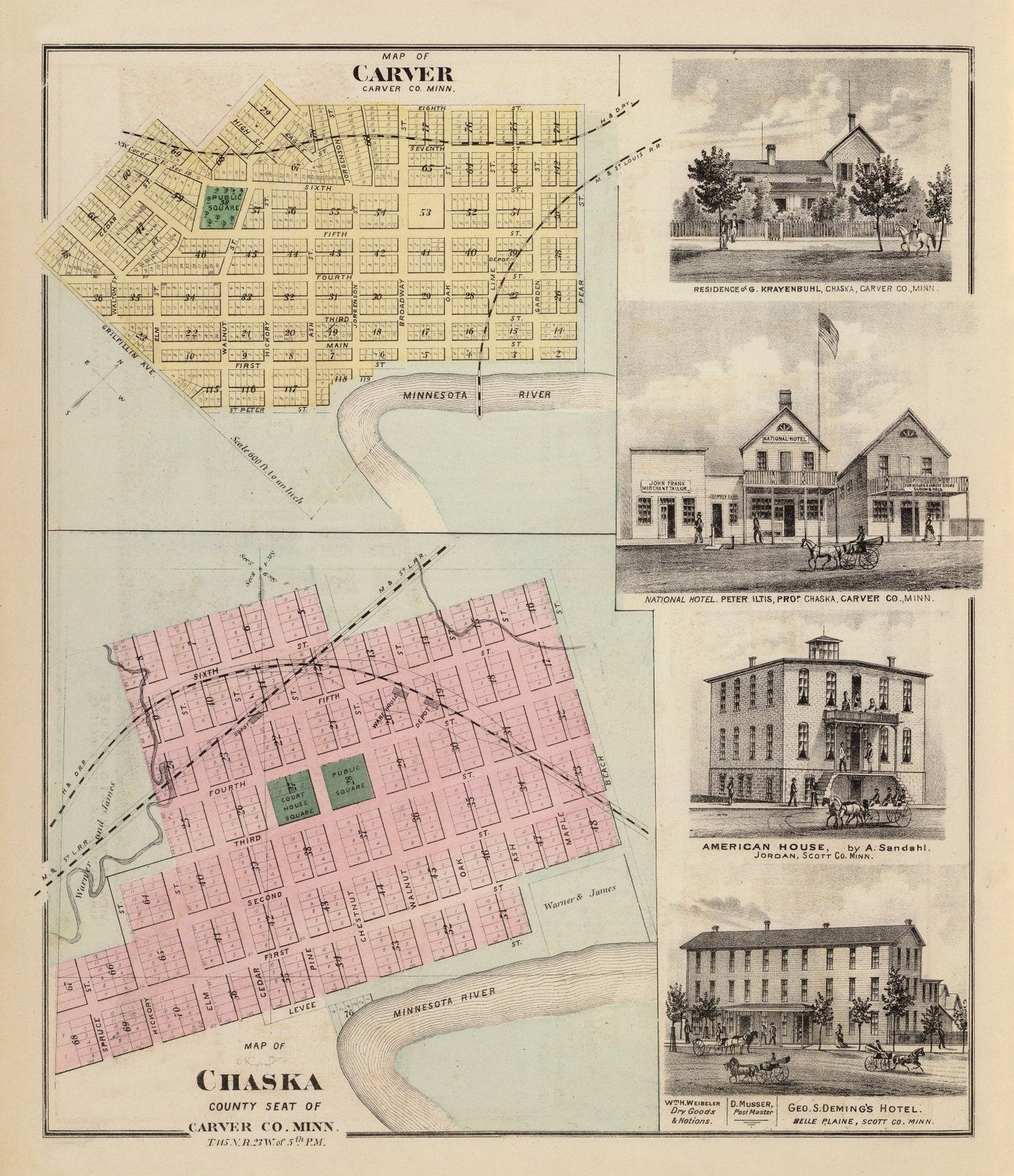 Vintage Map of Carver, Minnesota, 1874
