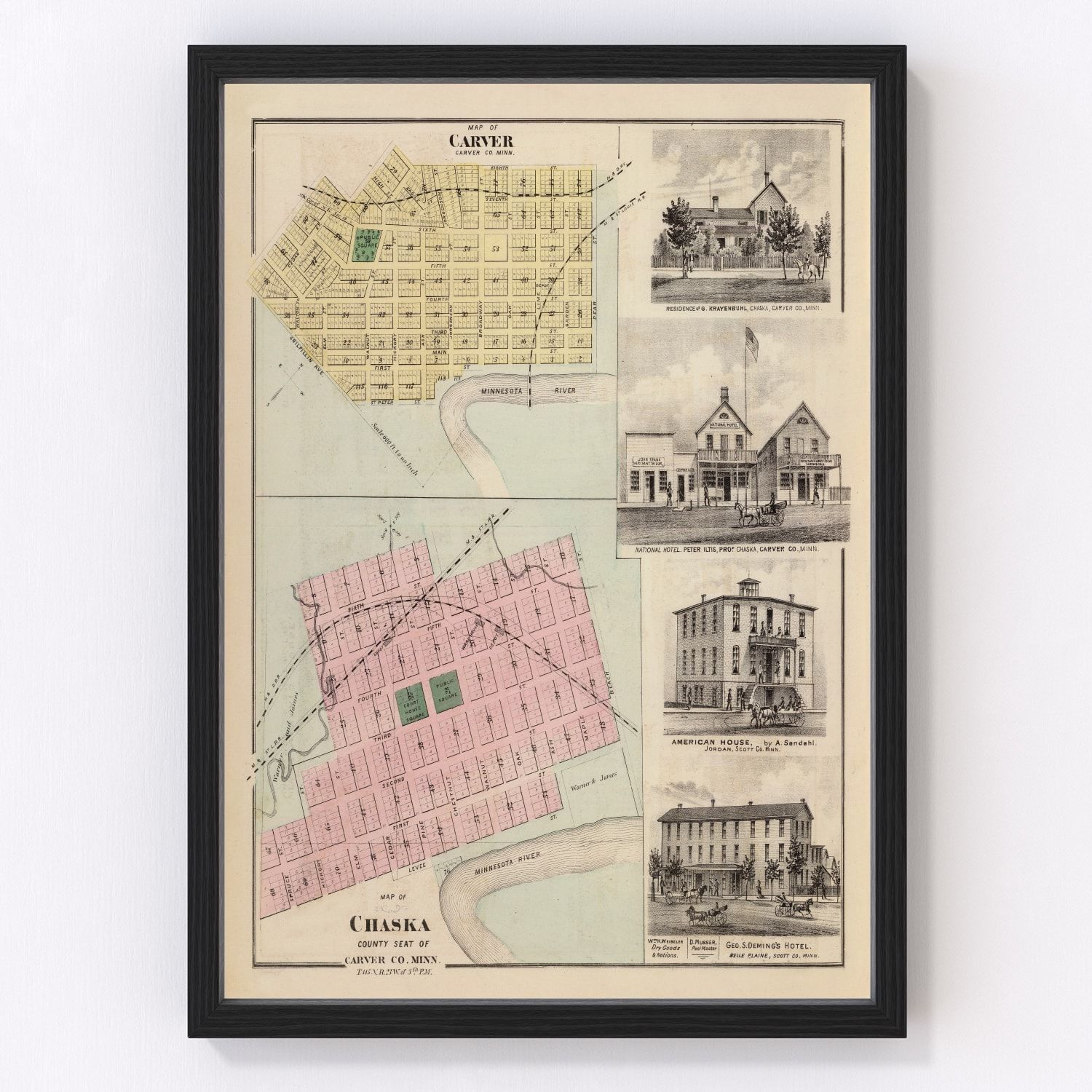 Vintage map of Carver, Minnesota, 1874, restored vintage wall art print