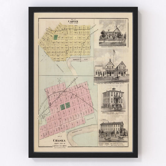 Vintage map of Carver, Minnesota, 1874, restored vintage wall art print