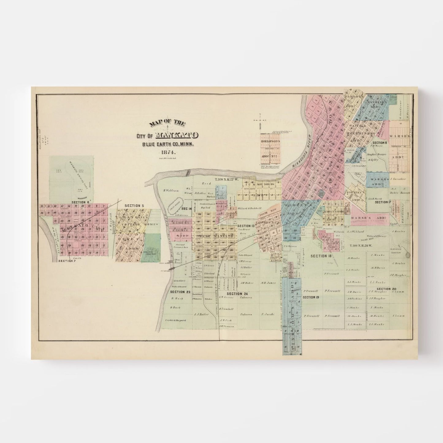 Vintage Map of Mankato, Minnesota, 1874