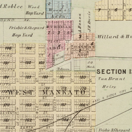 Vintage Map of Mankato, Minnesota, 1874