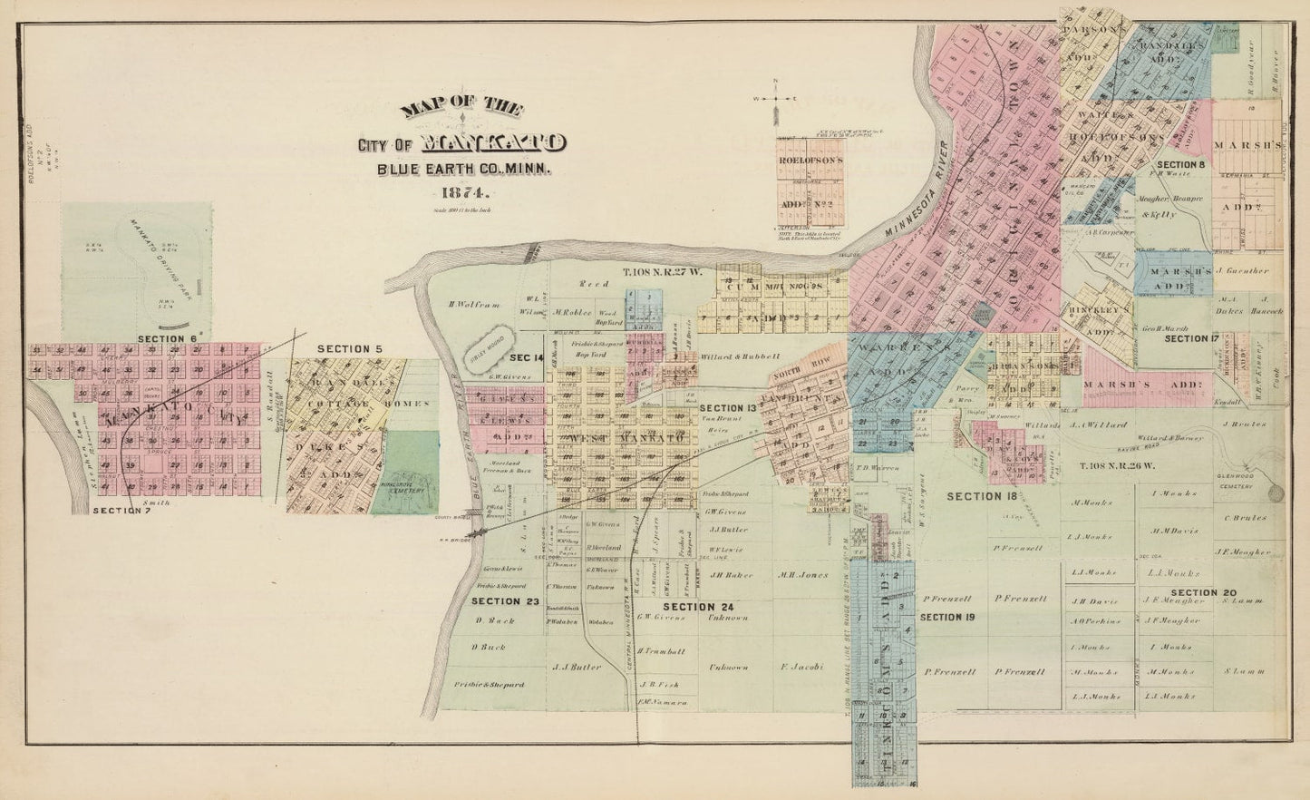 Vintage Map of Mankato, Minnesota, 1874