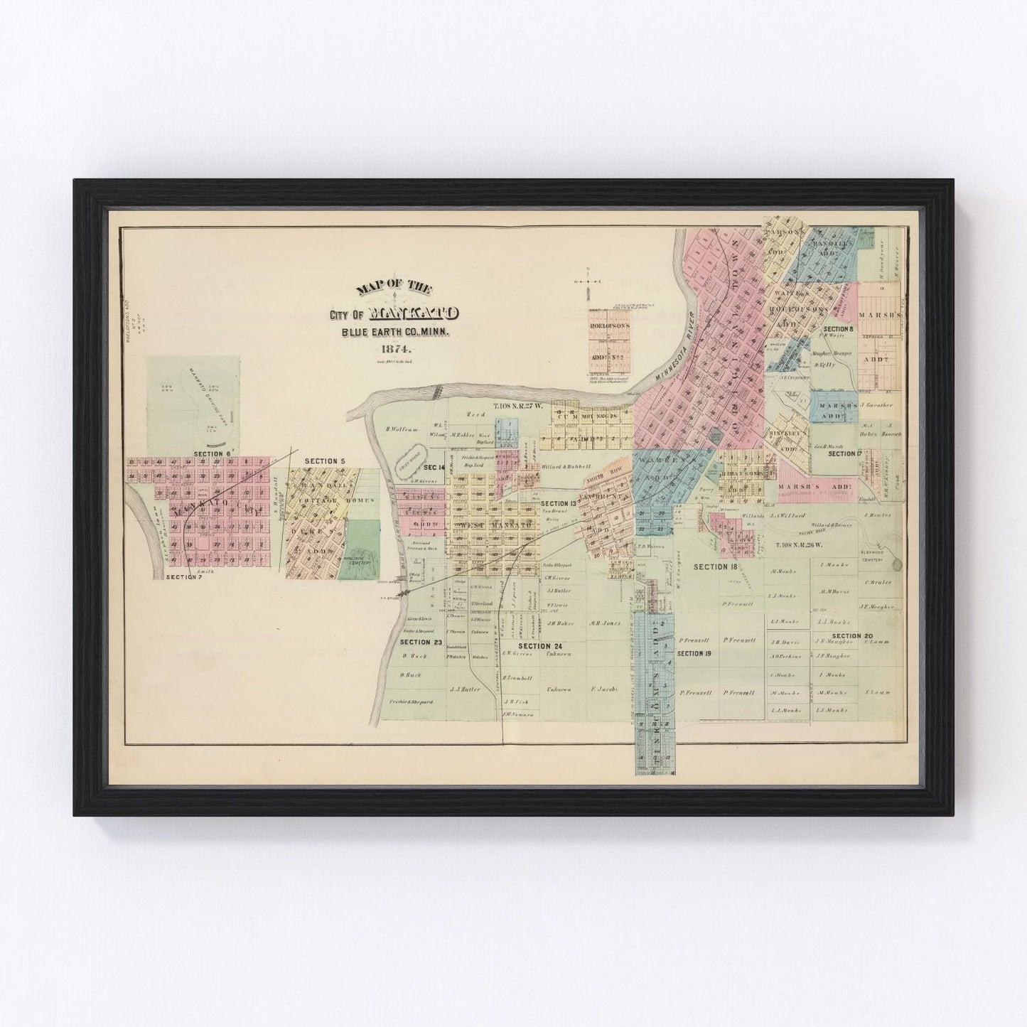 Vintage map of Mankato, Minnesota, 1874