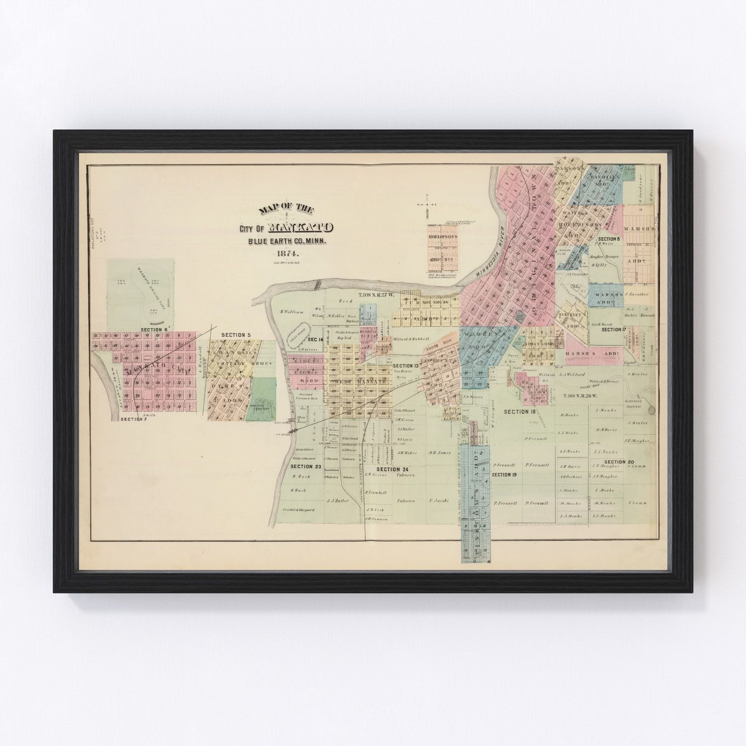 Vintage map of Mankato, Minnesota, 1874