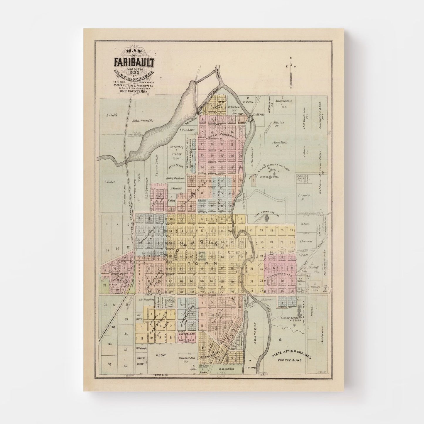 Vintage Map of Faribault, Minnesota, 1874